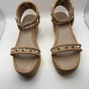 Valentino Garavani Tan Rope Sandals with Gold Studs